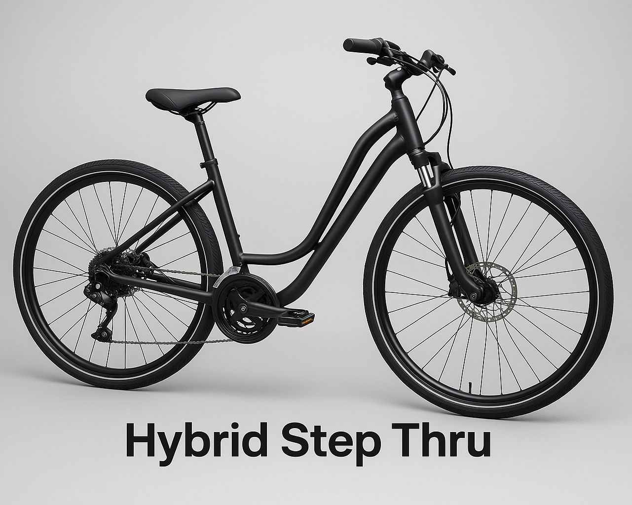 Generate Hybrid Step Thru bike like the one from unlimittedbiking.com with generic background and write in the lower middle center "Hybrid Step Thru" image should be 5:4 ratio size