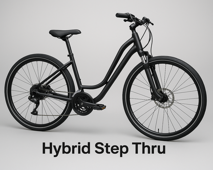 Generate Hybrid Step Thru bike like the one from unlimittedbiking.com with generic background and write in the lower middle center "Hybrid Step Thru" image should be 5:4 ratio size